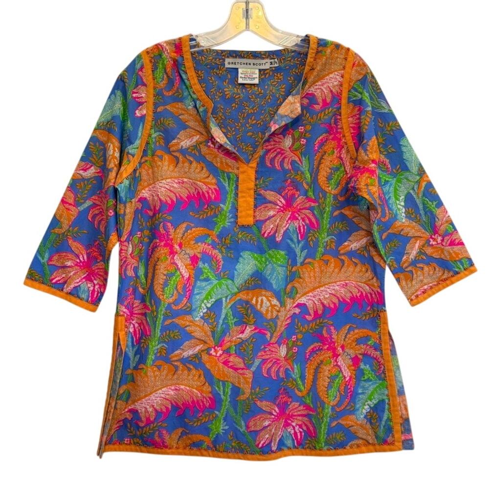 Gretchen Scott 3/4 Sleeve Split Neck Tropical Floral Pullover Tunic Multi Medium